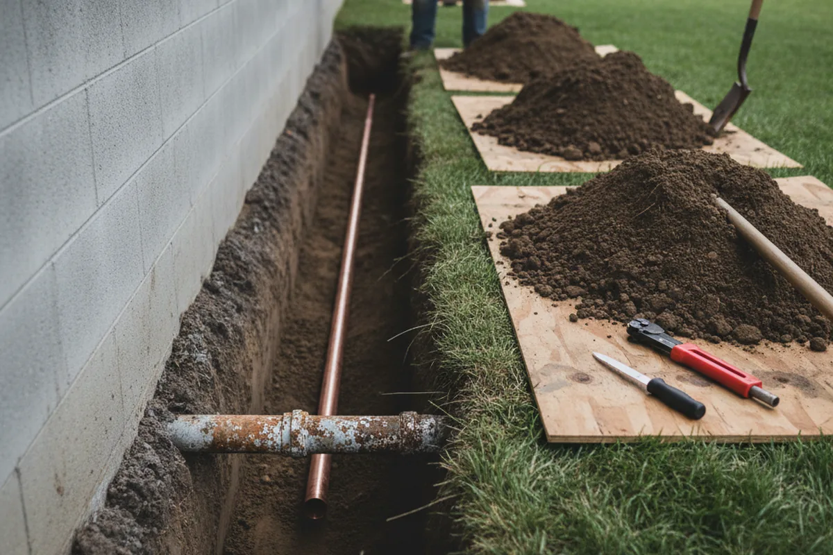 Excavated water line trench during Water Heater Repair in Kendleton